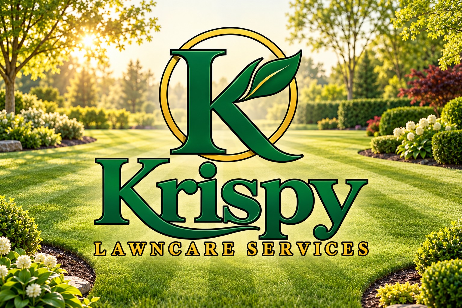 Krispy Lawncare Services green and gold K logo on a landscaped spring lawn